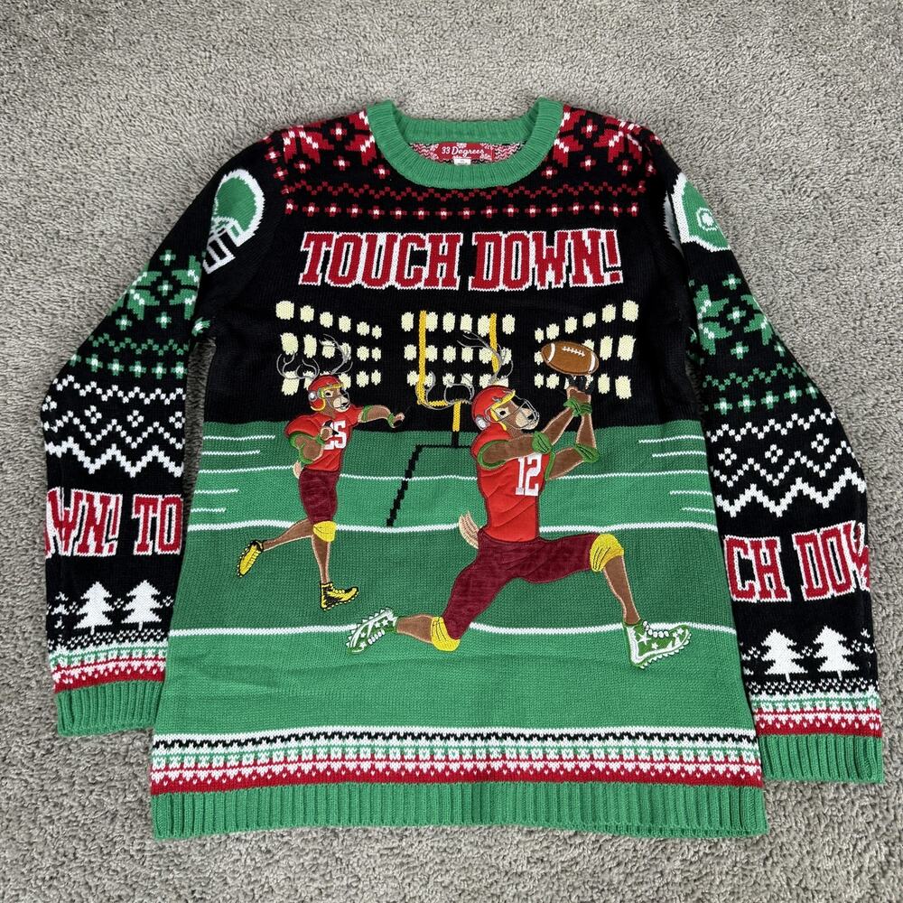 33 Degrees Sweater Boys XL Green Football Touch Down Ugly Christmas Pullover